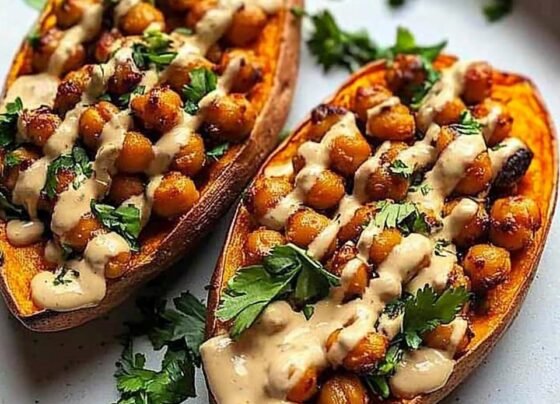 Sweet Potatoes with Tahini Butter Chickpeas prepared at home with simple ingredients and clear steps.