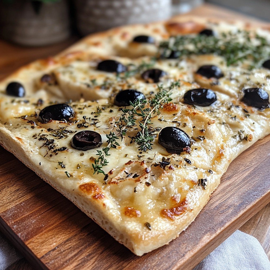 Pourable Flatbread with Cheese, Herbs, and Black Olives