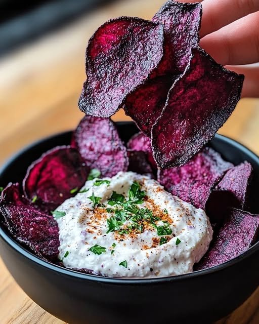 Roasted Beet Chips with Whipped Feta Dip