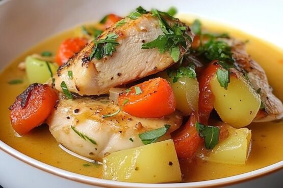 Juicy One-Pot Chicken Stew with Potatoes and Carrots prepared at home with simple ingredients and clear steps.